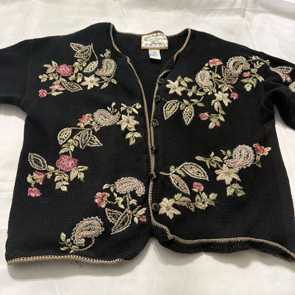 Heirloom Collectibles Petites PM Black Embroidered Cardigan Sweater